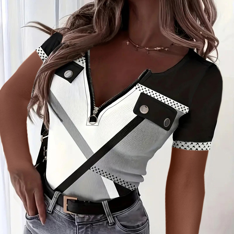 Women's Color Block Zipper T-Shirt Casual Short Sleeve