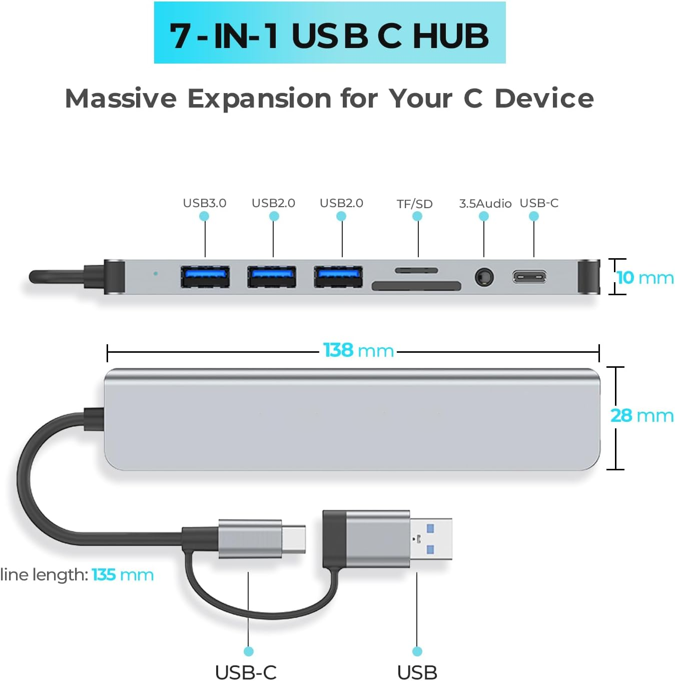 Aluminum Alloy TYPE-C Multi Port Hub 7-In-1 USB 3