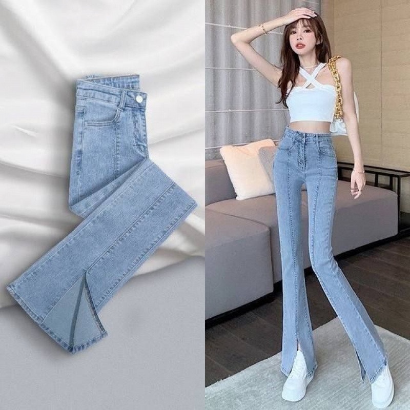 Light Color Flattering Slim Fit Slit Jeans Show