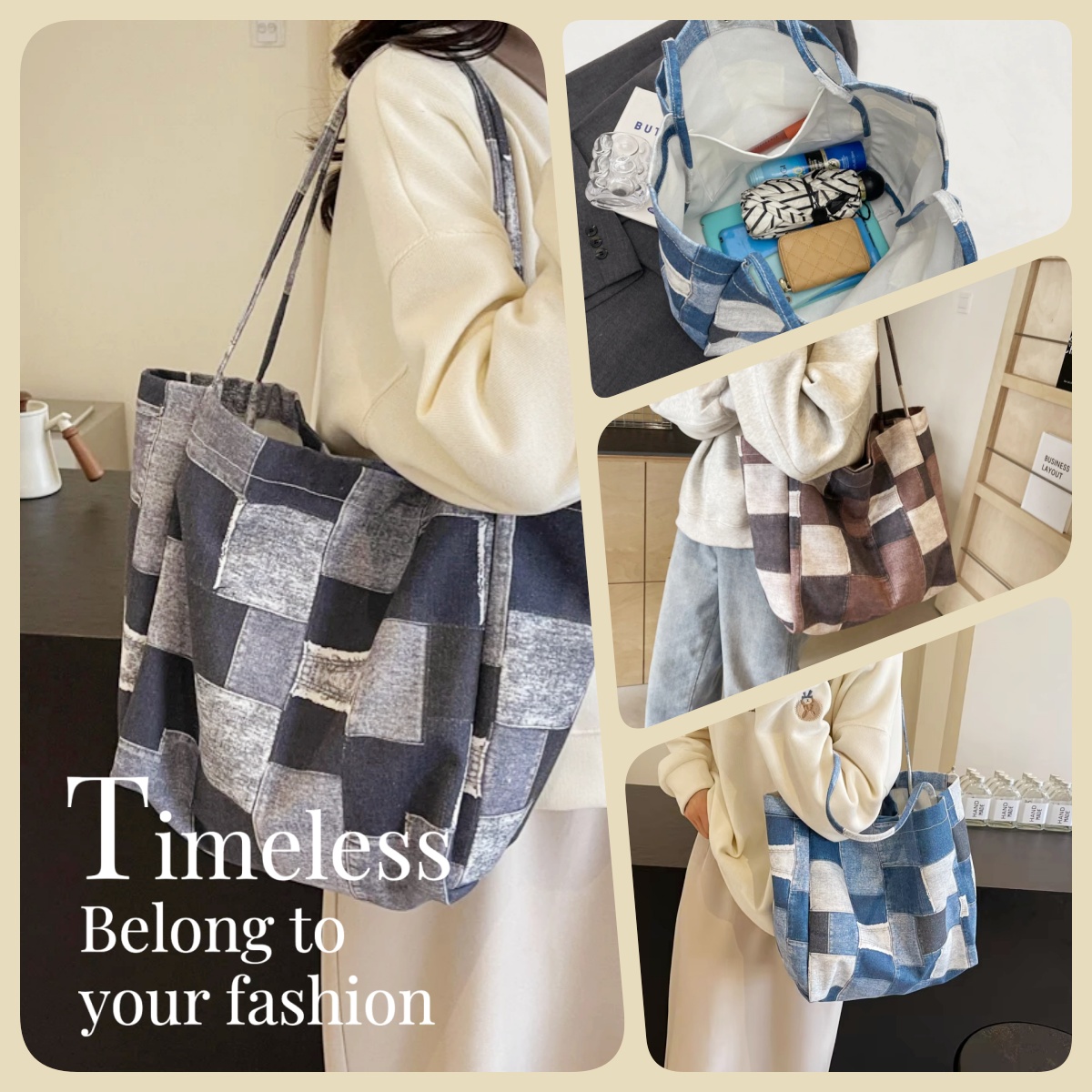 Women's Denim Check Tote Bag