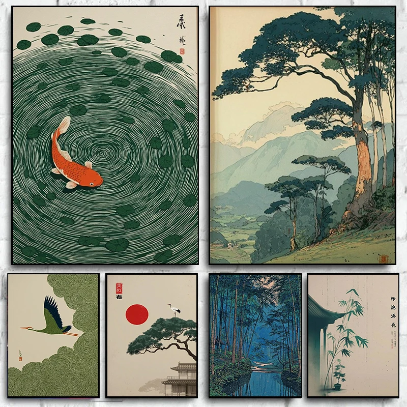 Retro Japanische Koi- und Baum-Leinwand-Wandkunst Ungerahmt Abstrakte Heimdekoration