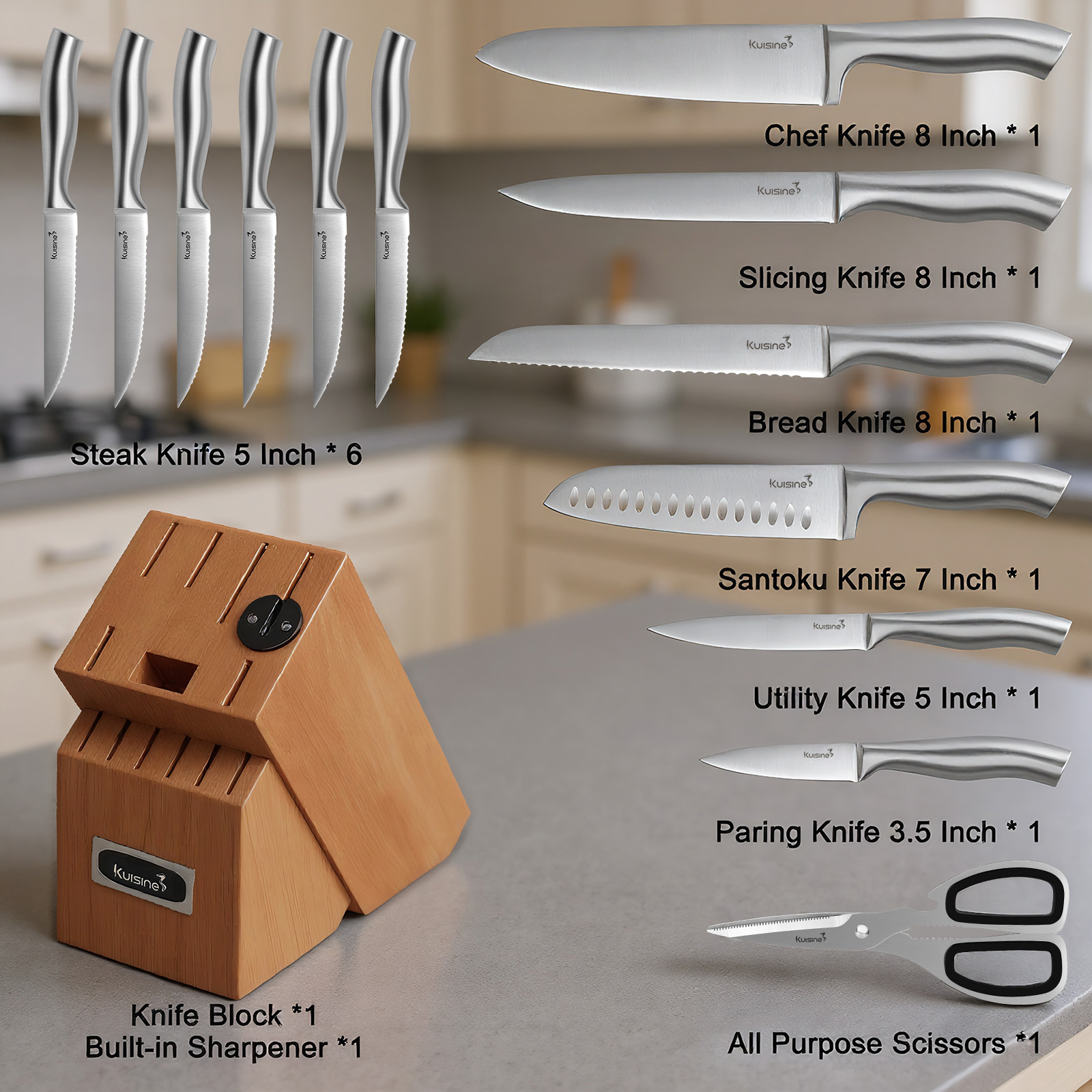 15-Piece Stainless Steel Kitchen Knife Set with Block 2