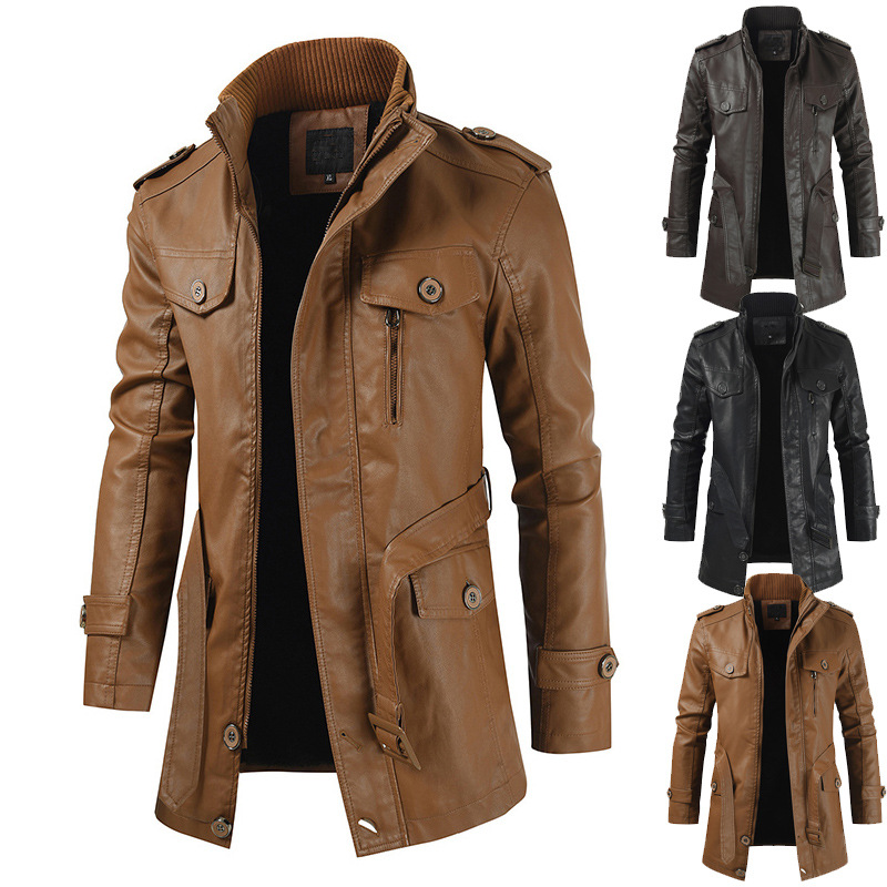 Men's Leather Coat Velvet Stand Collar 3