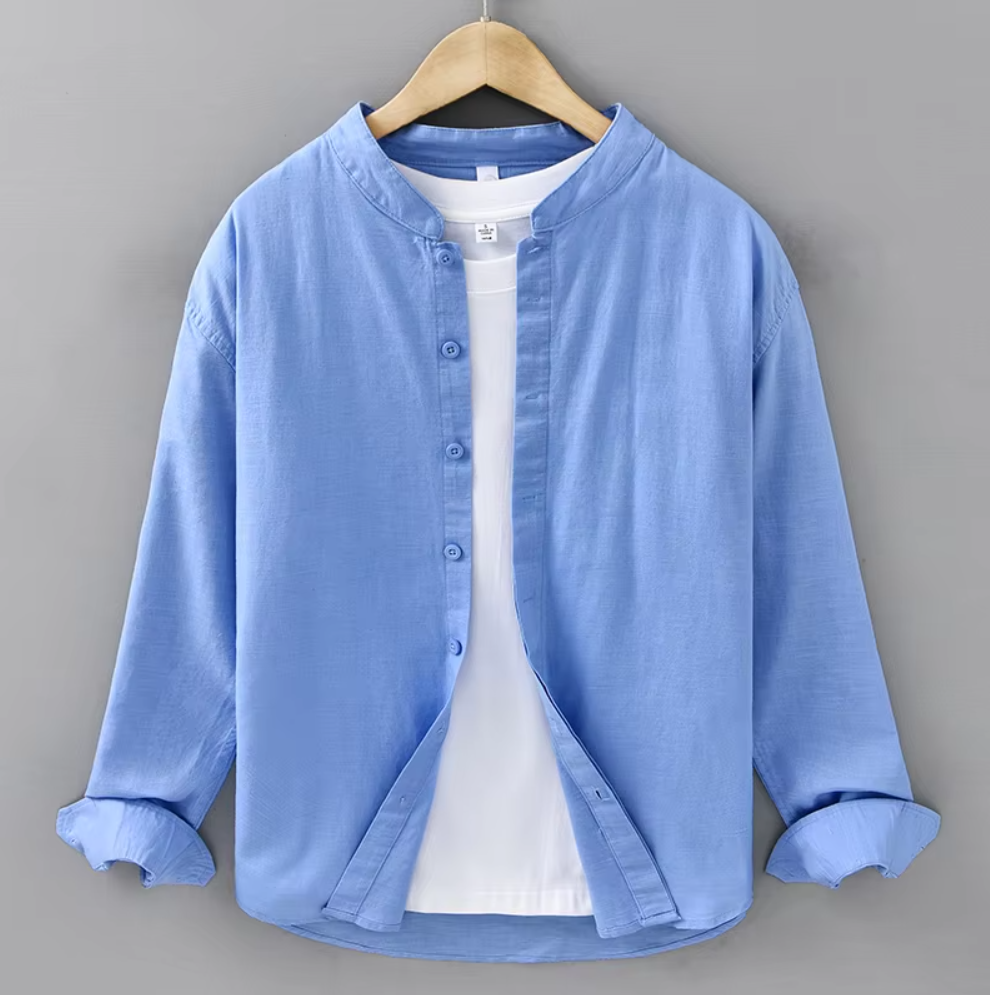 Men Linen Cotton Blend Stand Collar Button Down
