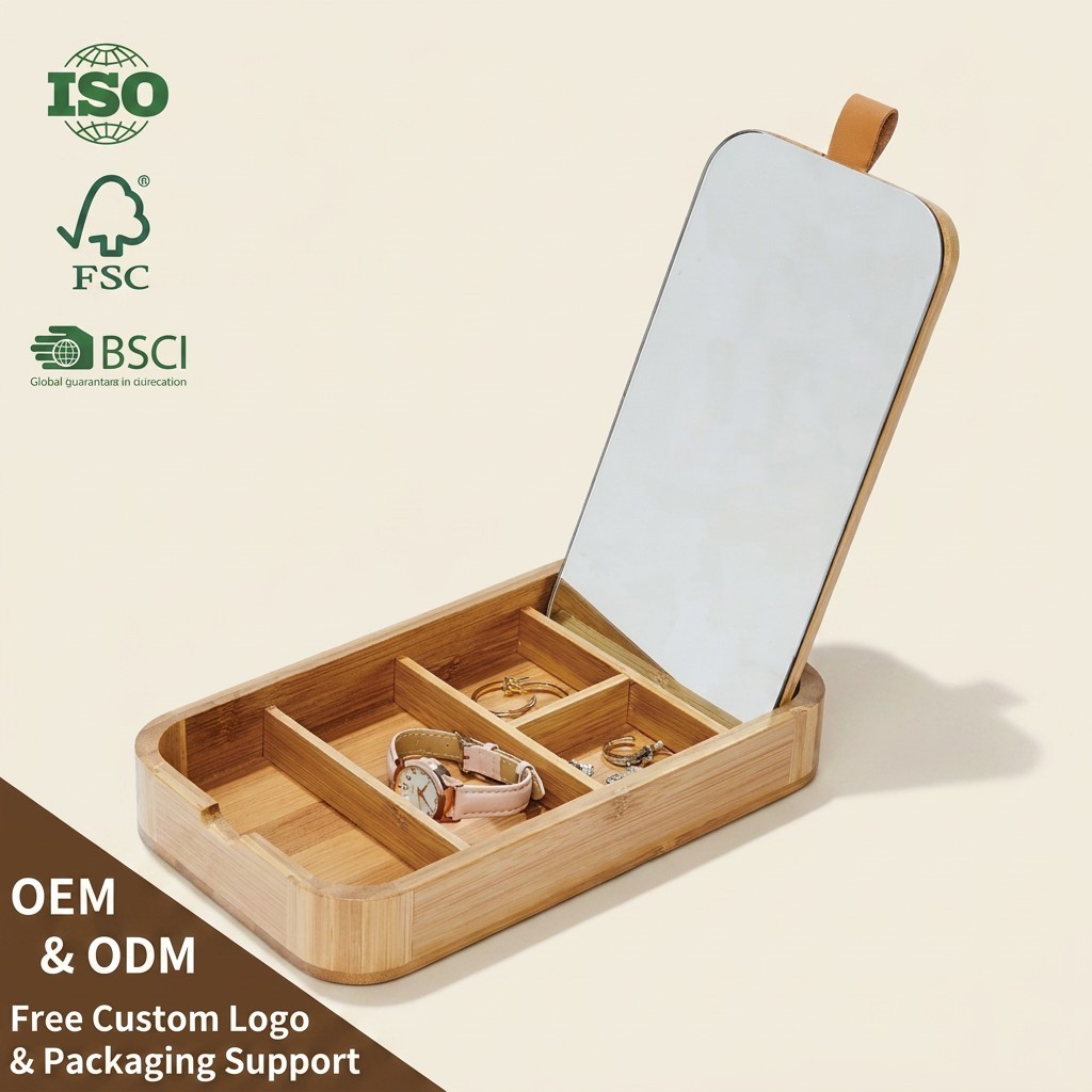 Bamboo Makeup Organizer With Mirror Convenient Storage Box