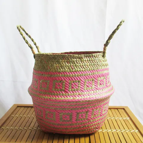 Straw Home Decorative Flower Basket Folding Binaural