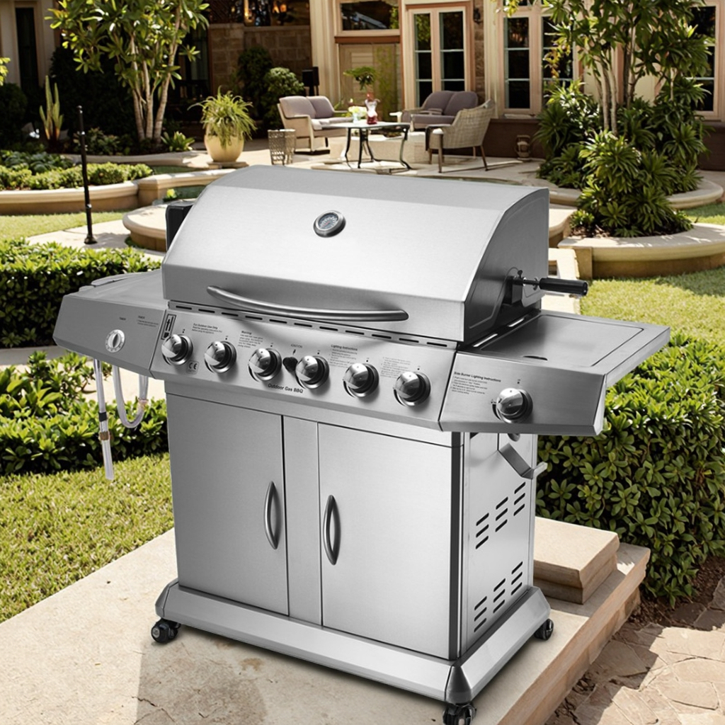 6 Burner Gas Grill Portable Foldable Trolley Stainless