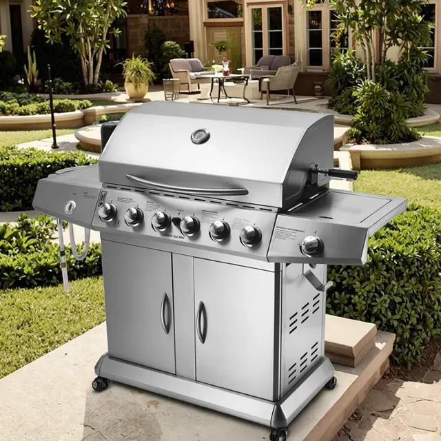 6 Burner Gas Grill Portable Foldable Trolley Stainless 1