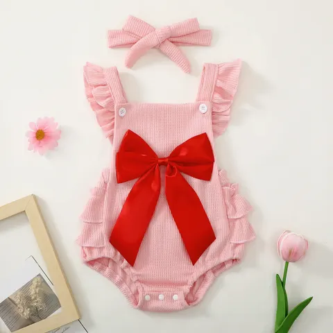 Baby Girl Red Bow Lace Romper