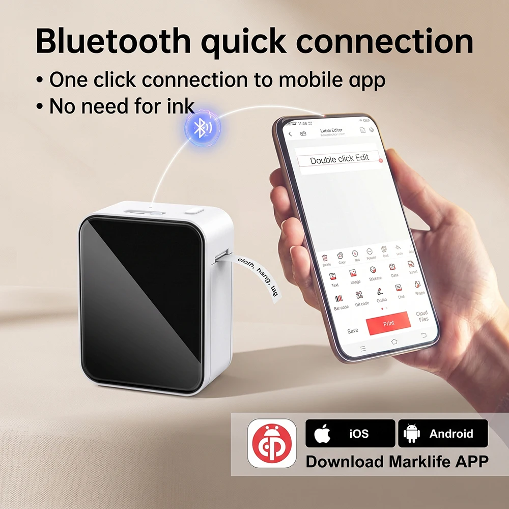 Marklife Thermischer Etikettendrucker P15 Mini Tragbarer Bluetooth-Funk-Etikettendrucker für 2
