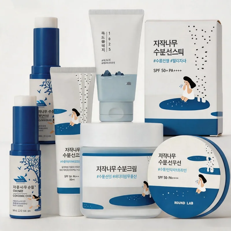 Koreanisches ROUND LAB Birkenholz-Saft Hautpflege-Set Feuchtigkeitsspendender Sonnenschutzstift Retinol