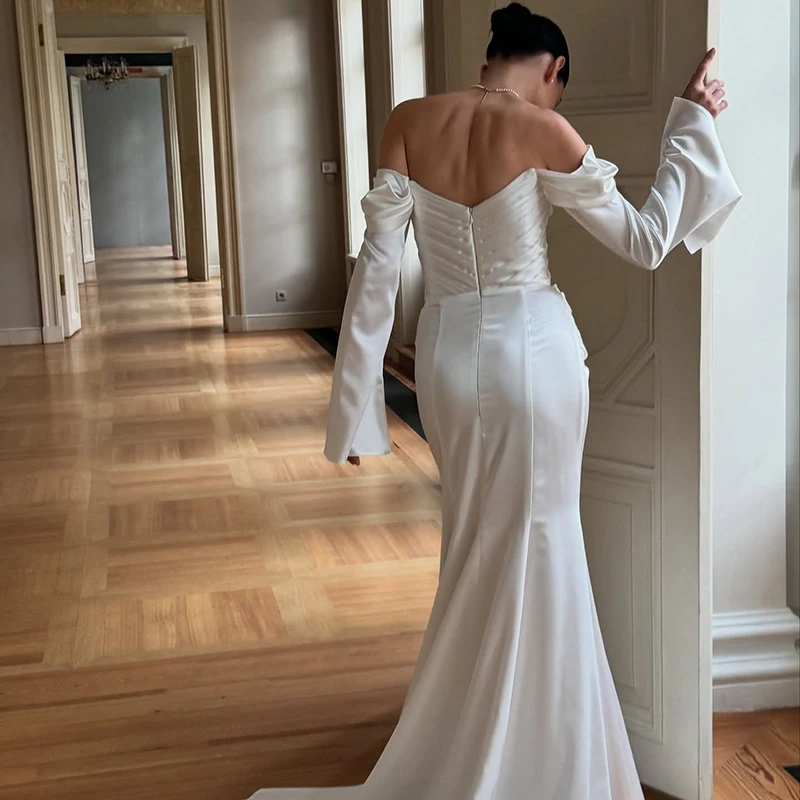 Eightree Meerjungfrau Prinzessin Brautkleider Weiß Langarm Satin Brautkleid 3