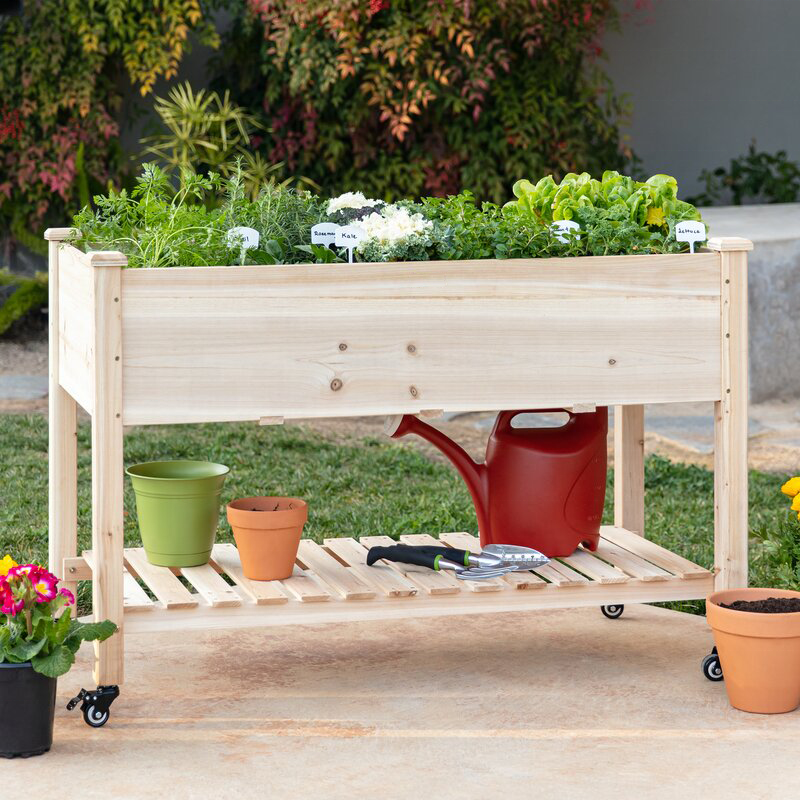 Weatherproof Wooden Raised Garden Bed with Wheels 2