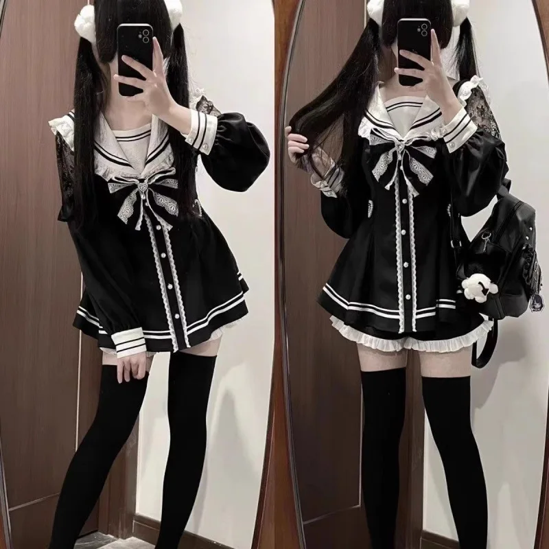 Jirai Kei Sailor Schwarzes Kleid Spitze Patchwork Slim 4