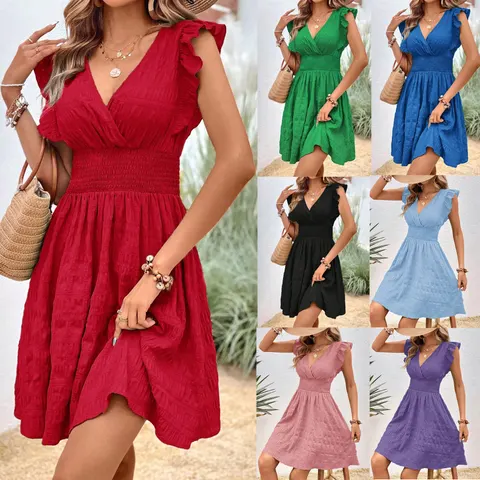 V-neck Pleated Dress Slim Fit Slimming European And