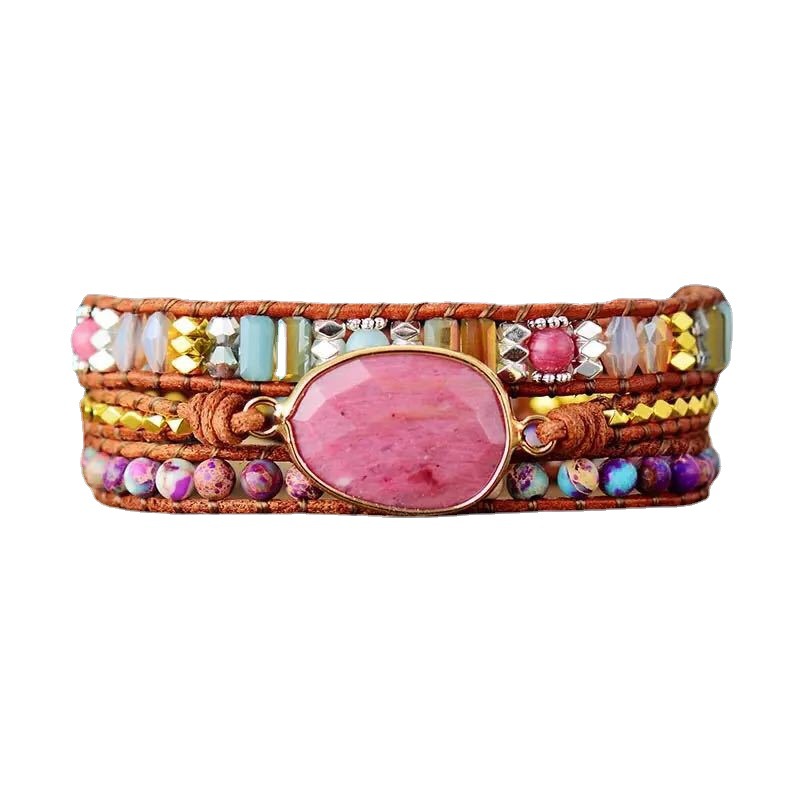 Ethnic Style Red Wood Grain Leather Rope Crystal