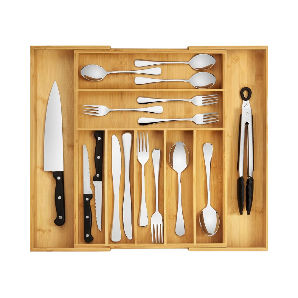 Purawood Expandable Bamboo Drawer Organizer With Silverware Utensil