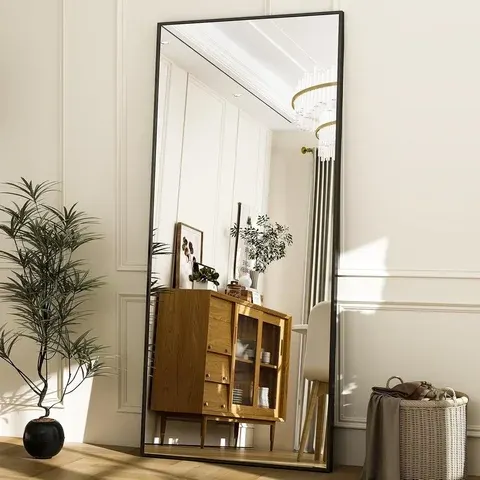 171*76cm Ganzkörperspiegel Wandmontierbarer Standspiegel Gehärtetes Glas Metallrahmen Schwarze