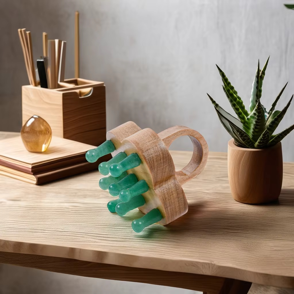 Jade Comb Hair Massager With Wooden Handle Natural 4
