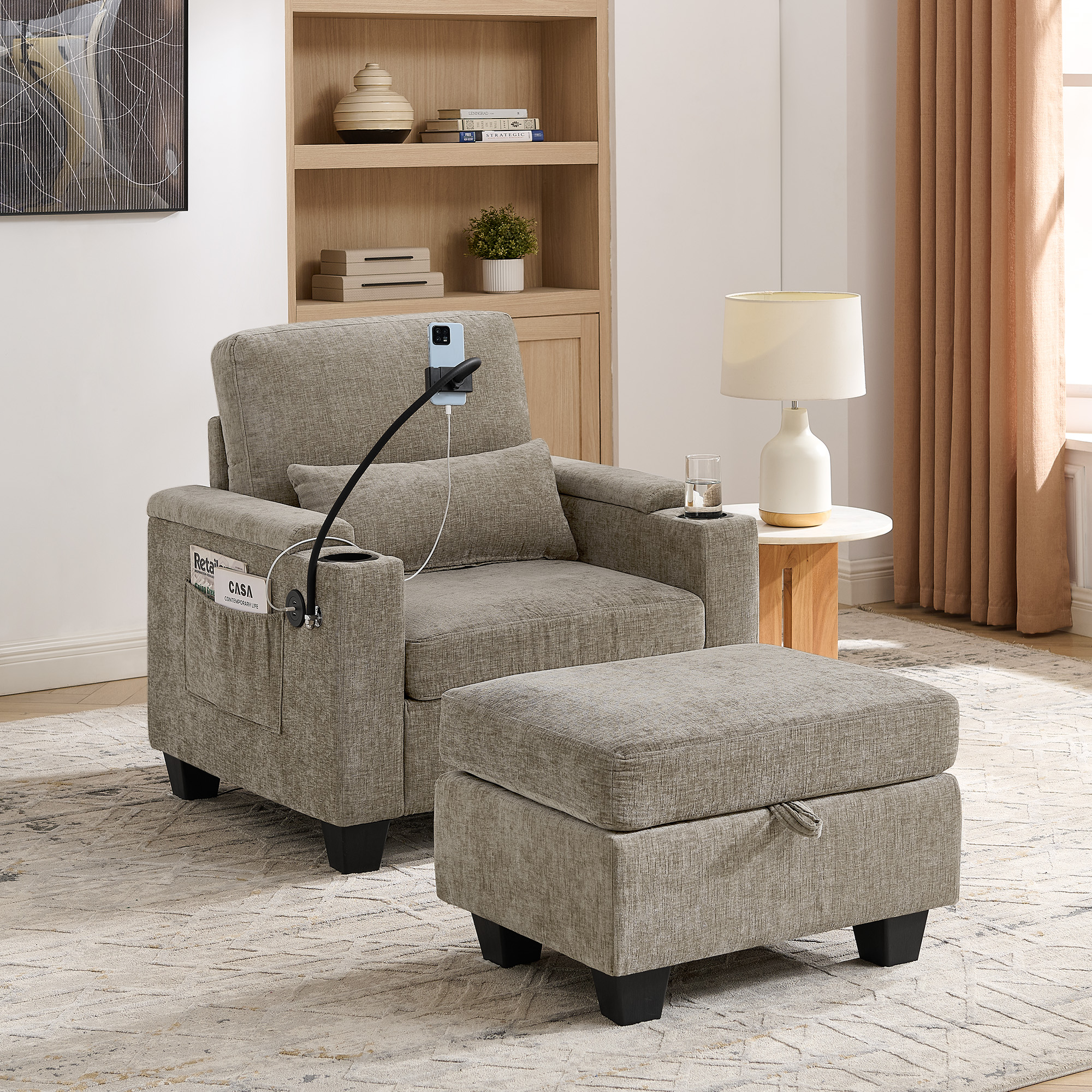 Single Sofa Recliner With Manually Adjustable Backrest USB