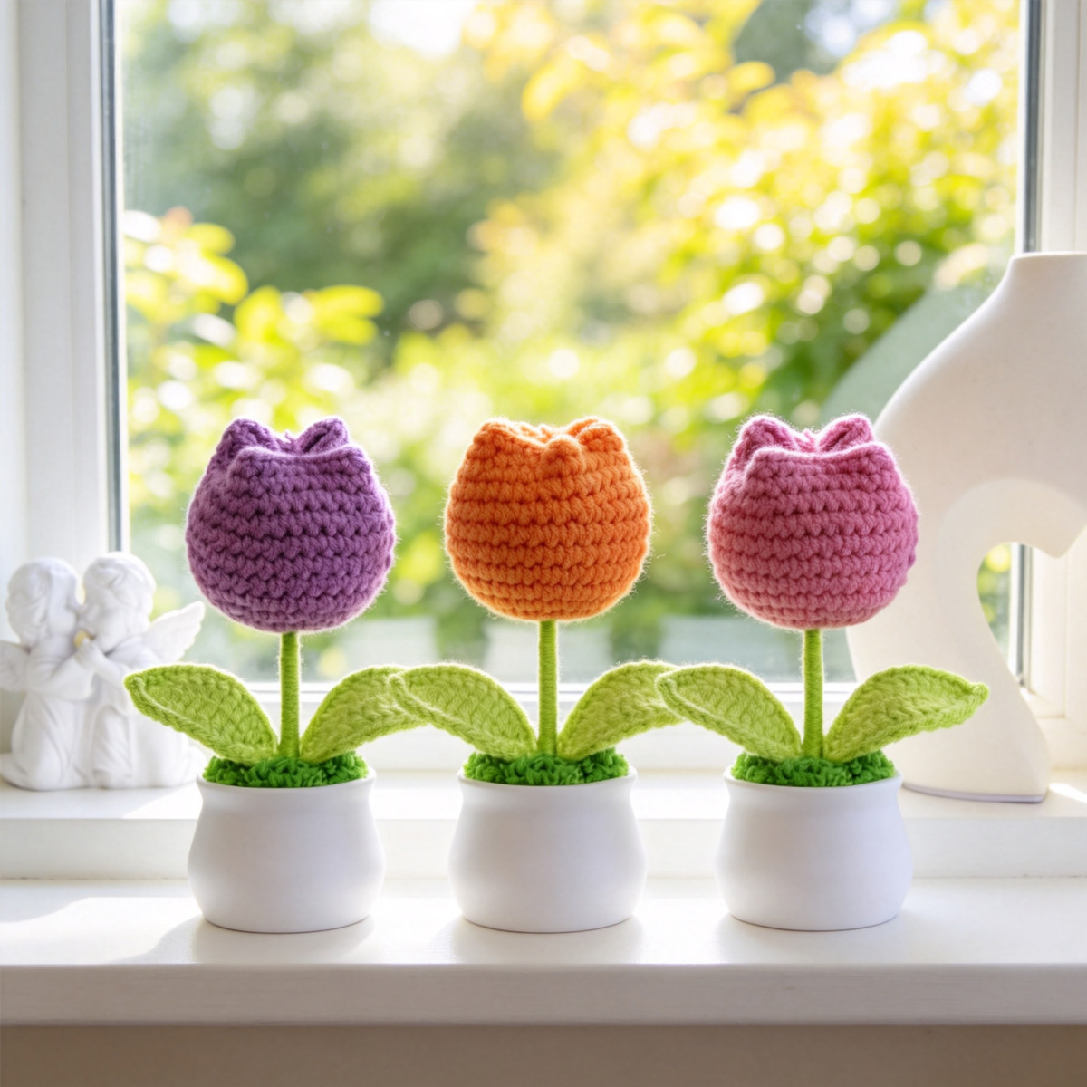 Handmade Crochet Colorful Tulip Potted Ornament With Green