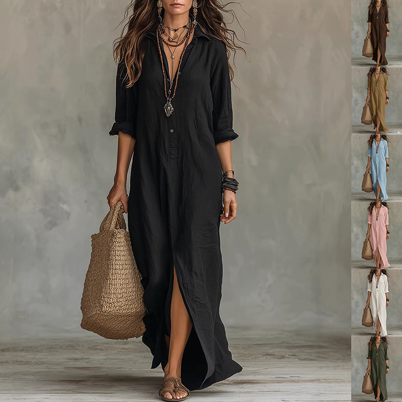 Long-sleeve Maxi Dress Casual Solid Color Lapel Collar