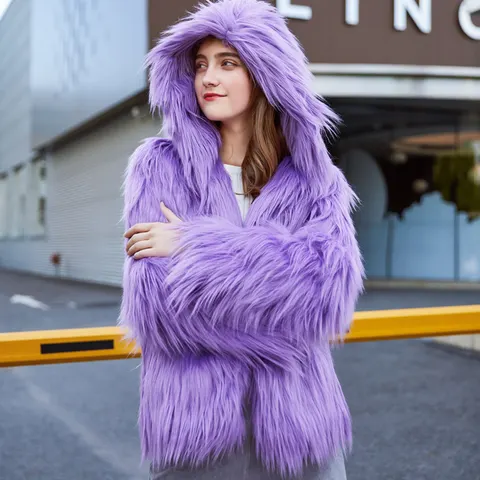 Faux Fur Washed Wool Long Hair Coat Women's