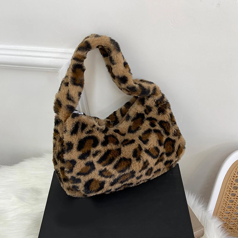 Stilvolle Einkaufstasche mit Leopardenmuster Weiche Plüsch-Handtasche Unterarm-Umhängetasche Lässige