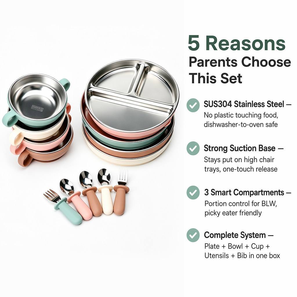 Spill-Proof Stainless Steel Baby Feeding Set 2