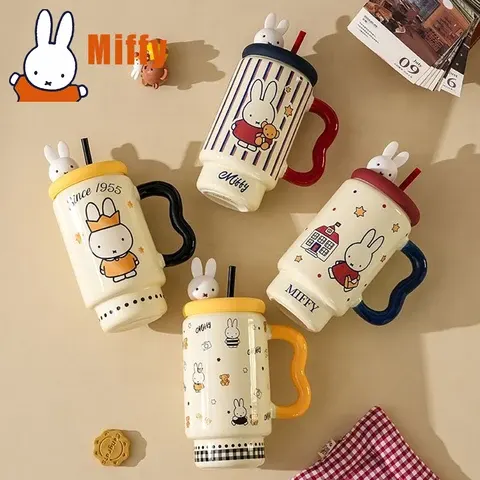 Kawaii Miffy Keramiktasse Niedlicher Hasenbecher mit Deckel Strohhalm