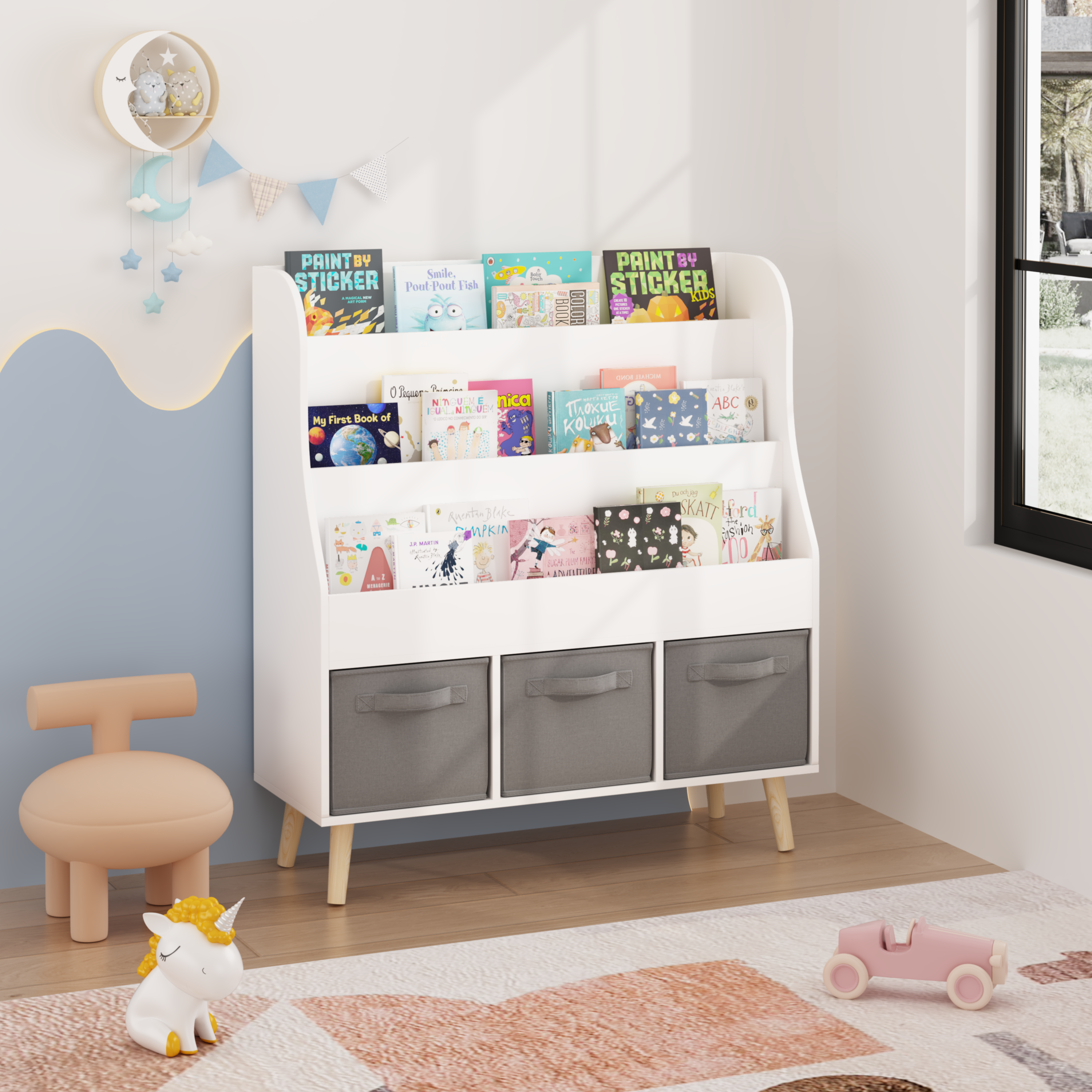 White Wooden Kids Bookshelf Pine Legs