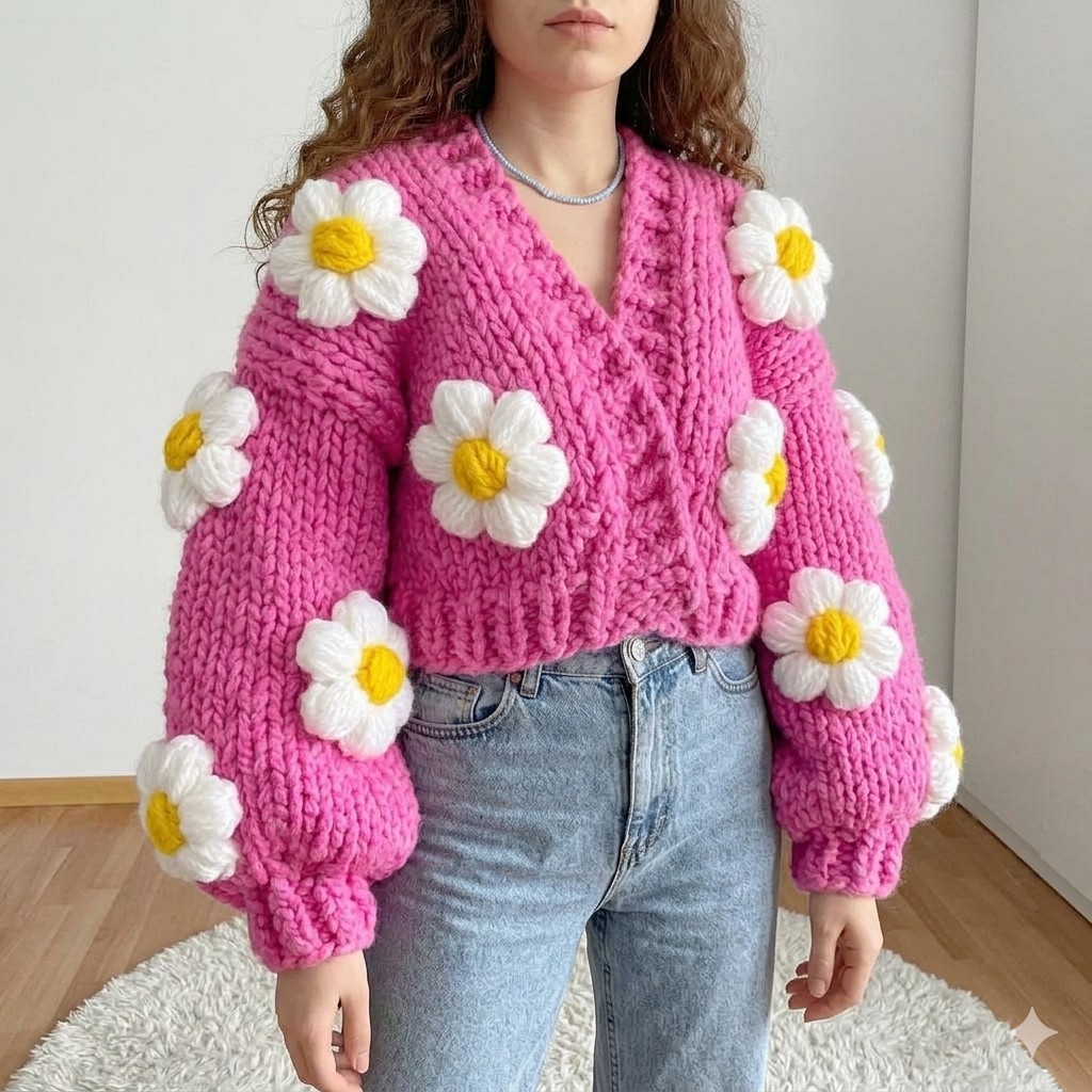 Oversized Crochet Cardigan with 3D Flowers 3