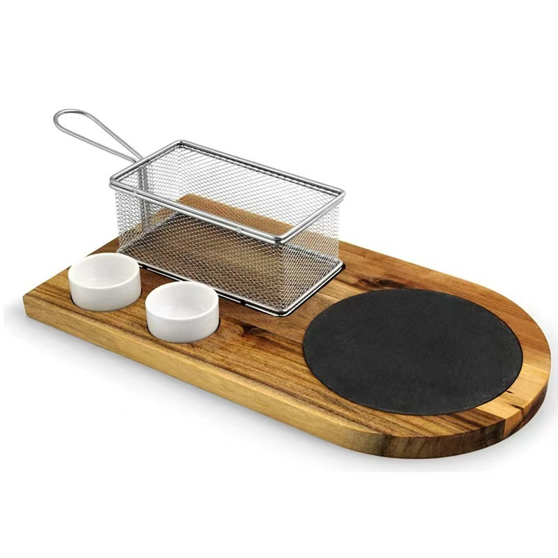 Burger Serving Board Set Acacia Wood Tray With 3