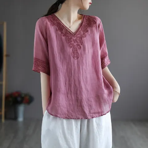 Bestickte V-Ausschnitt-Bluse