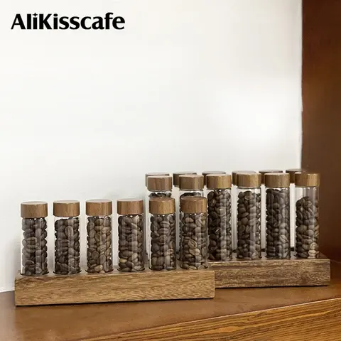 Kaffeebohnen-Aufbewahrungsbehälter 17g 22g Einzelröhren Walnuss-Präsentationsständer Glasflasche Tee-Gewürz-Kaffeezubehör Barista