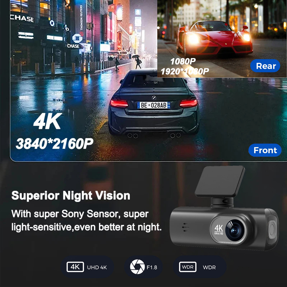4K WiFi Dash Cam Front Rear Night Vision 4