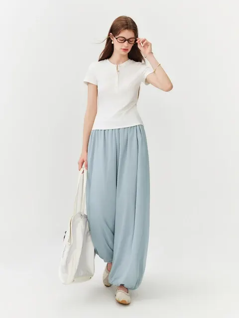 FSLE Sommer Damen Ballonhose mit Hoher Taille Elastischem 3