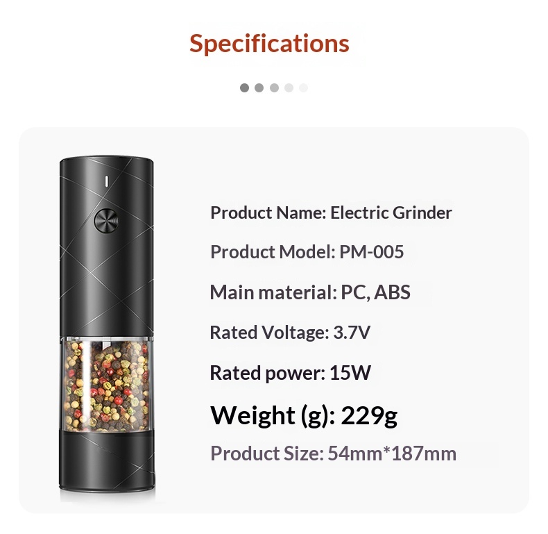 Electric Pepper Grinder USB Rechargeable Plastic 2