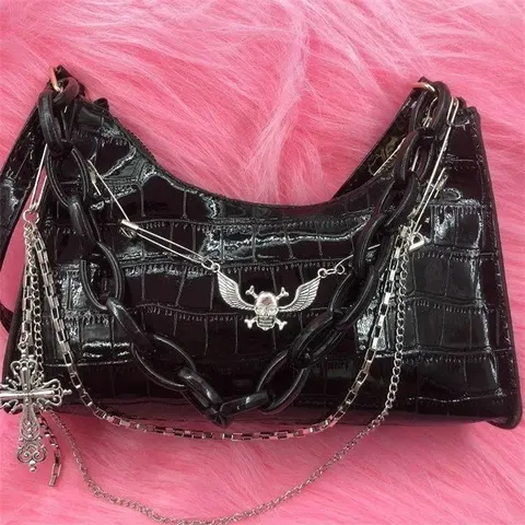 Crocodile Pattern Y2K Cross Skull Shoulder Bag