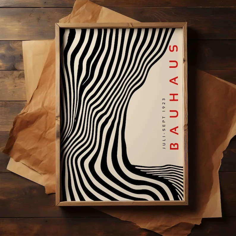 Mid-Century Modern Schwarzes Bauhaus Leinwand-Wandkunst-Poster Ungerahmte Wellenförmige Minimalistische 2