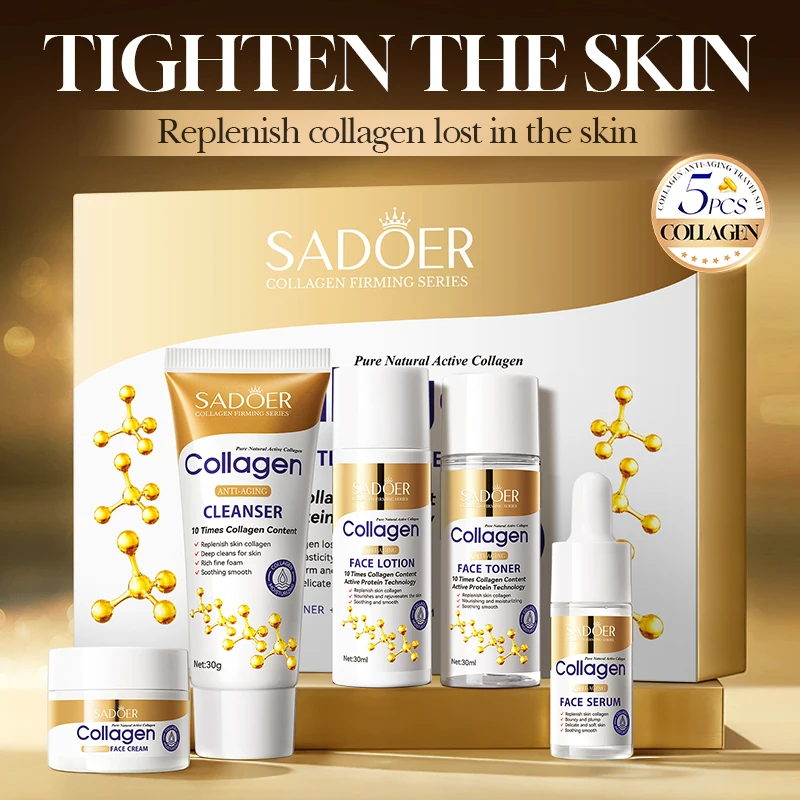 5-teiliges SADOER Kollagen Hautpflege-Set Feuchtigkeitsspendende Gesichtscreme Augencreme Serum