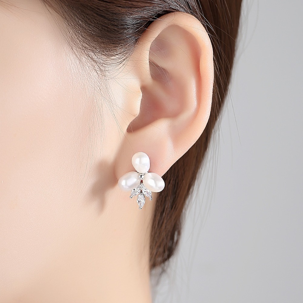 Bridal White Gold Freshwater Pearl Flower Earrings 3