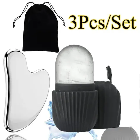1 3-teiliges Wiederverwendbares Kühlendes Eis-Gesichtsroller-Set mit Gua Sha