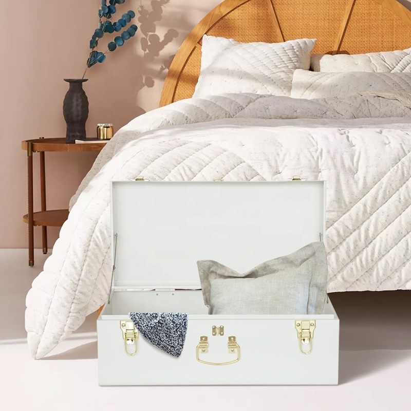 White Metal Storage Chest Keepsake Trunk Stackable Organizer 2
