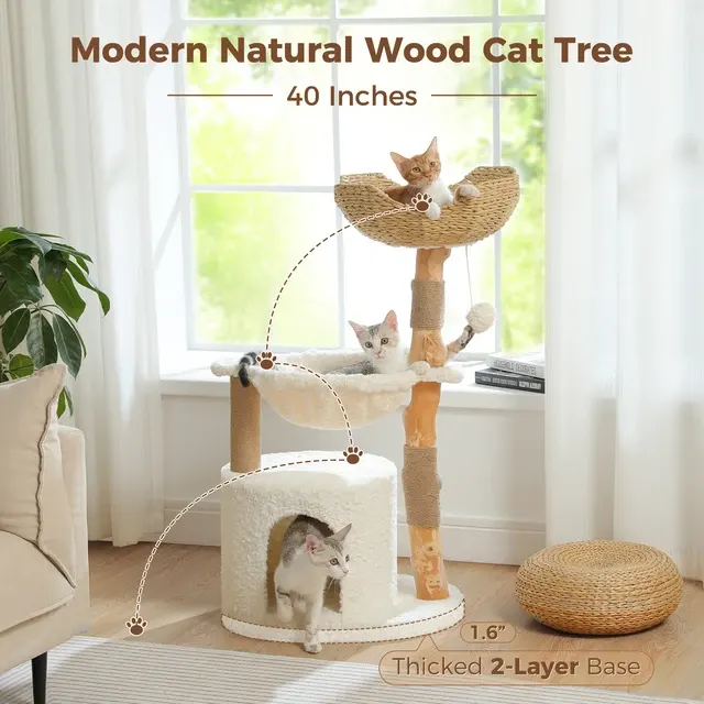 Moderner Katzenbaum Katzenturm aus Naturholz mit Großem Weidenkorb 3