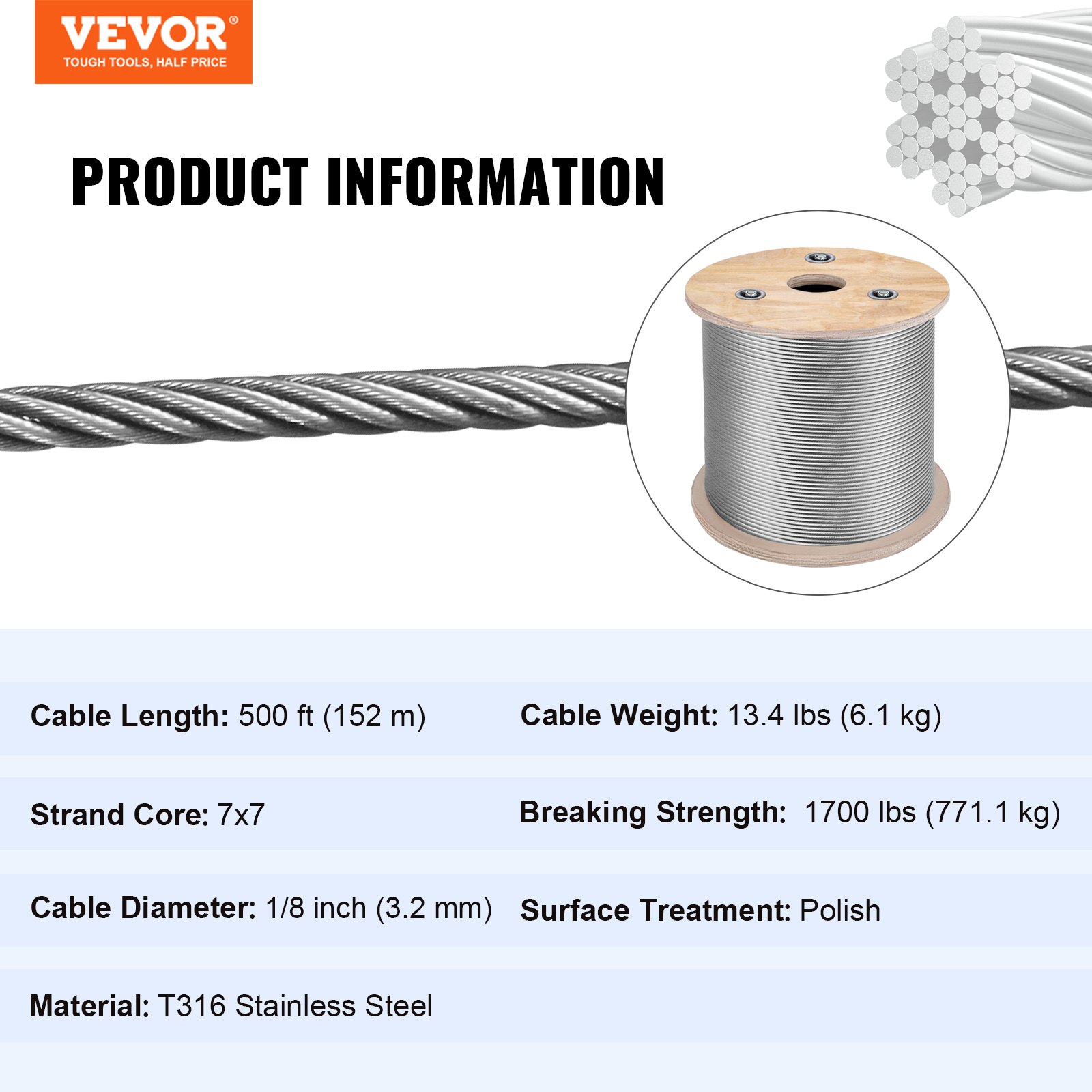VEVOR Stainless Steel Cable Railing 500ft Wire Rope