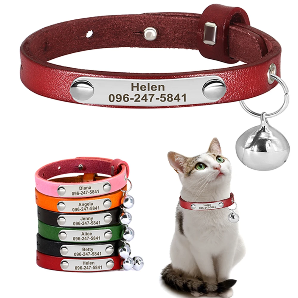 Personalisiertes Katzenhalsband Verstellbares Leder Haustier-Katzenhalsbänder Halskette Individuelle Namenshalsbänder