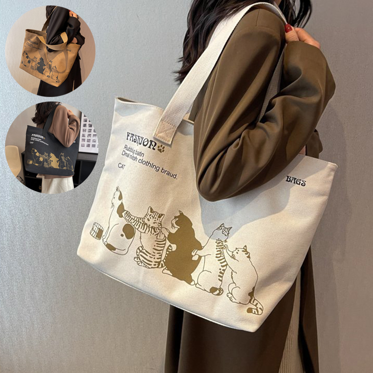 Canvas-Schultertasche mit Katzenmotiv