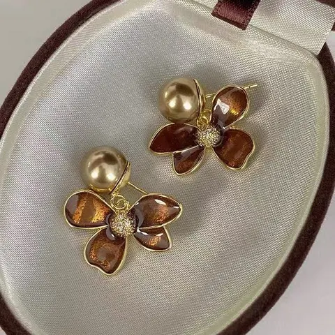 1 Pair Coffee Color Autumn Winter Enamel Vintage