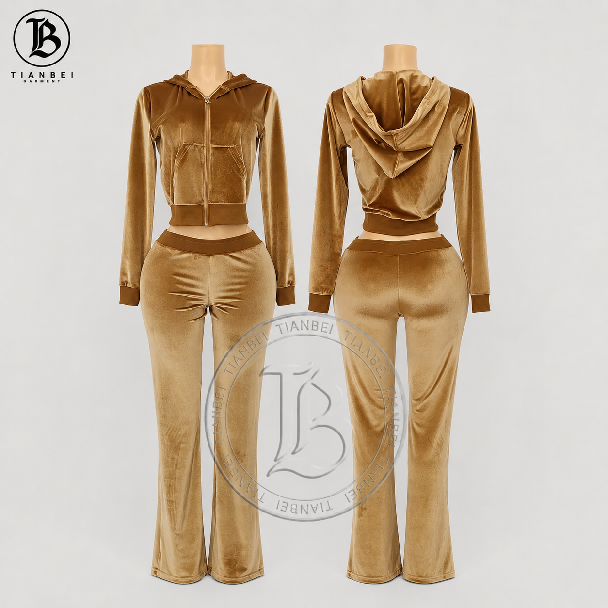 Women's Velvet Tracksuit Set with Ribbed Jacket 3